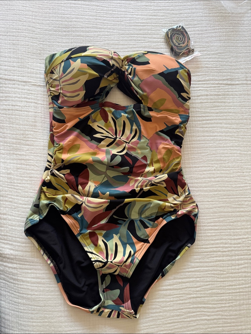 LOFT Women’s One-Piece Swimsuit in Peach, Green, Black Tropical Leaf Print NWT